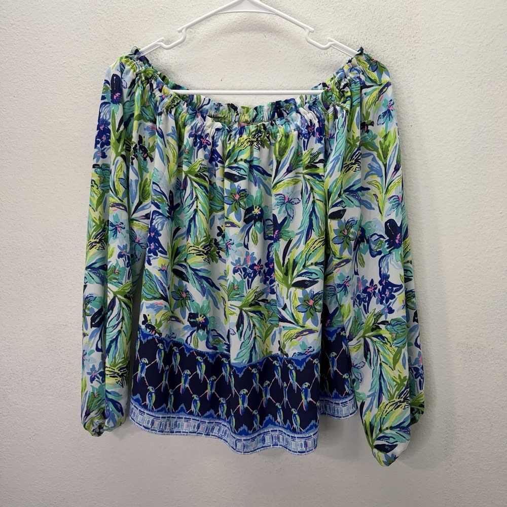 Lilly Pulitzer Leanne Off Shoulder Top Preppy Floral Parrot Print Tropical SZ M